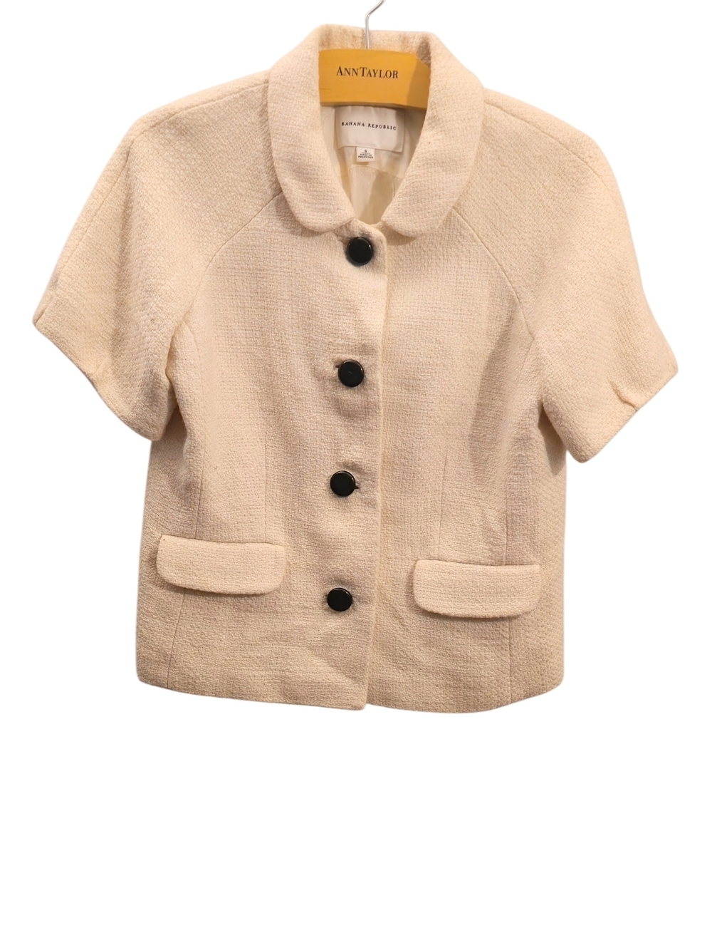 Banana Republic Cream Short-Sleeve Textured Blazer with Black Buttons